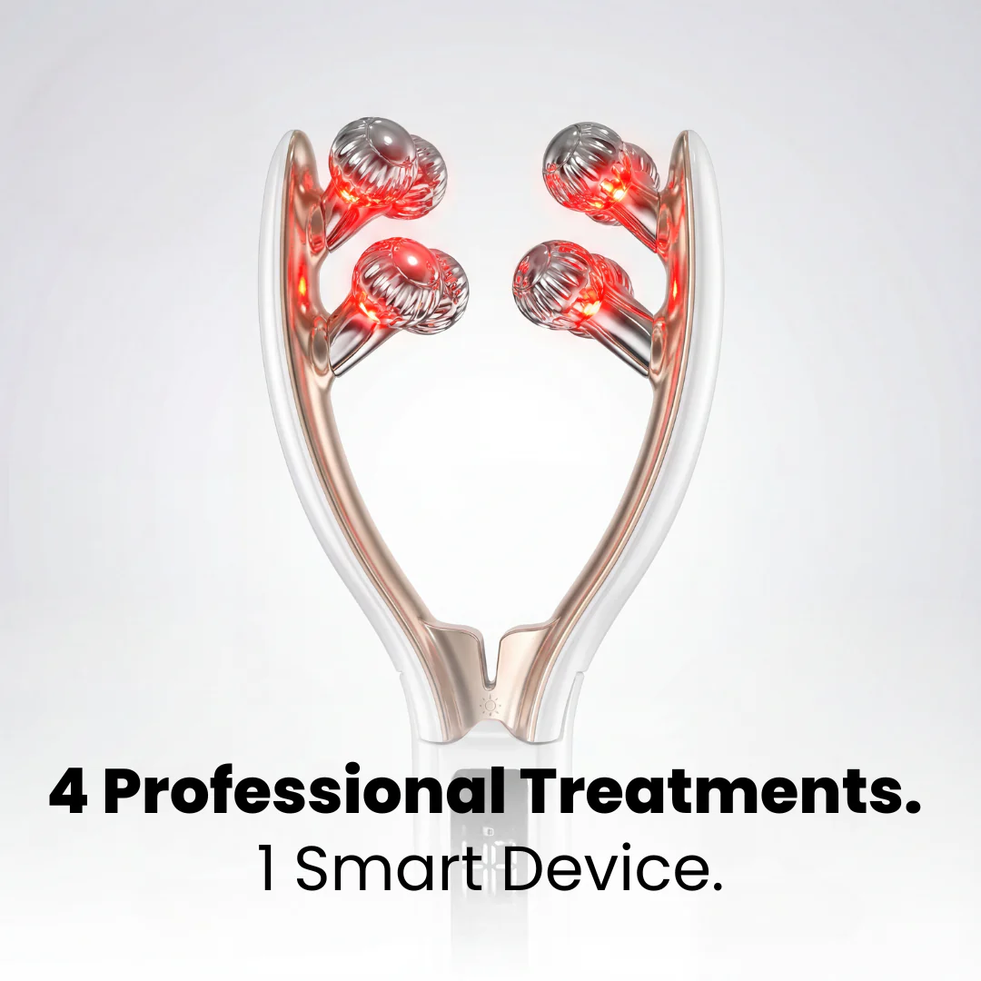 Smart device with red lights on a white background, labeled '4 Professional Treatments. 1 Smart Device.'