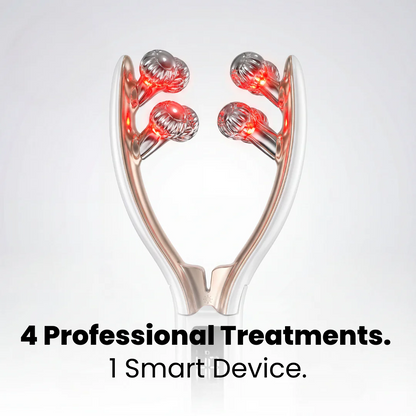 Smart device with red lights on a white background, labeled '4 Professional Treatments. 1 Smart Device.'